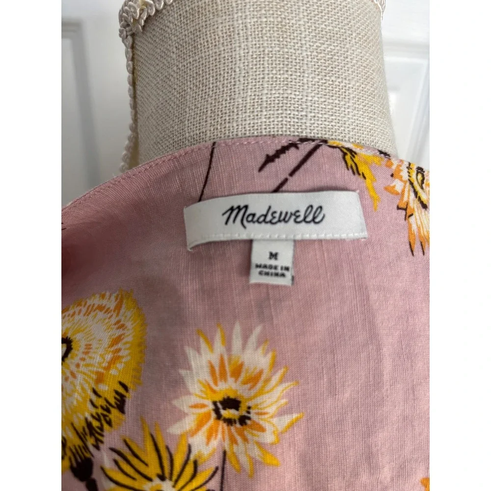 Madewell Button Front Blouse Size M Pink Yellow Floral Linen Blend Puff Sleeve